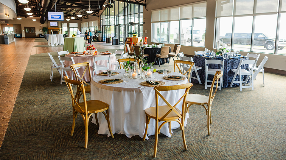 The view of a wedding reception set up at RockPointe Bearspaw