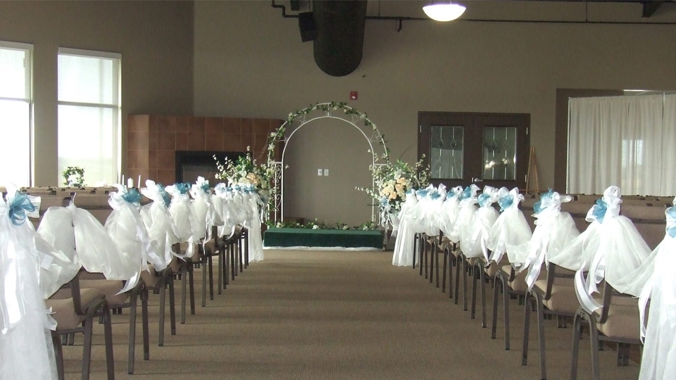 The view of a wedding ceremony set up at RockPointe Bearspaw